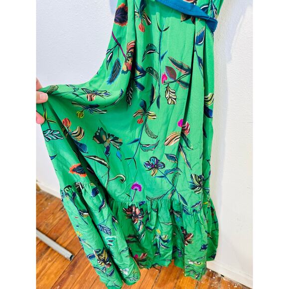 DEREK LAM Green Floral 100% Silk Ruffled Popover Cami Style Midi Dress Size 2 - Picture 9 of 15